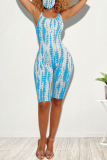 Blue Sexy Print Patchwork Spaghetti Strap Skinny Rompers
