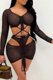 Brown Sexy Solid Hollowed Out Draw String See-through Mesh V Neck Long Sleeve Two Pieces