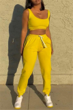 Yellow Casual Sportswear Solid Vests Pants U Neck Sleeveless Two Pieces