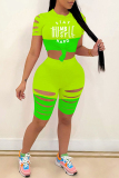 Fluorescent Green Fashion Casual Letter Print Ripped Patchwork O Neck Short Sleeve Two Pieces