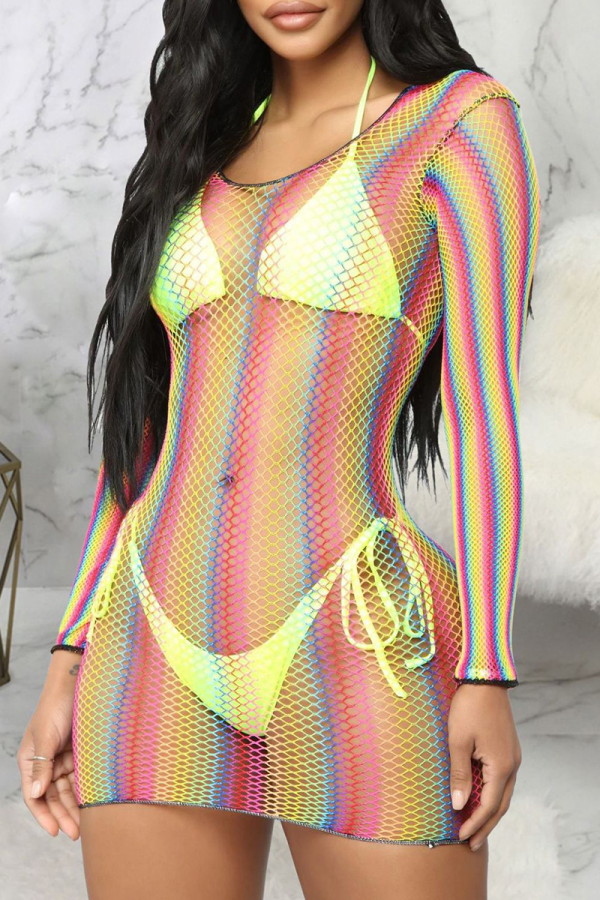 Yellow Sexy Striped Mesh Swimwears Cover Up