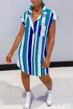 Deep Blue Fashion Casual Striped Print Basic Turndown Collar Shirt Dress