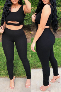 Black Casual Sportswear Solid Hollowed Out U Neck Sleeveless Two Pieces