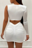 White Fashion Sexy Patchwork Hollowed Out See-through O Neck Long Sleeve Two Pieces