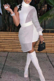 White Fashion Sexy Patchwork See-through Turtleneck Long Sleeve Dresses