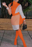 Orange Fashion Sexy Patchwork See-through Turtleneck Long Sleeve Dresses
