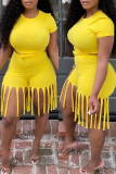 Yellow Fashion Casual Solid Tassel O Neck Short Sleeve Two Pieces
