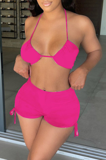 Rose Red Fashion Sexy Solid Backless Halter Sleeveless Two Pieces