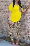 Yellow Fashion Casual Leopard Printing V Neck Short Sleeve Two Pieces