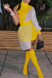 Yellow Fashion Sexy Patchwork See-through Turtleneck Long Sleeve Dresses