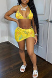 Yellow Sexy Letter Print Backless Halter Sleeveless Two Pieces Swimwear