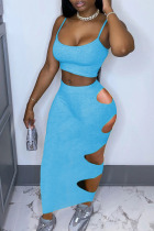 Blue Sexy Solid Ripped Backless Burn-out Spaghetti Strap Sleeveless Two Pieces