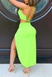 Fluorescent Green Fashion Sexy Solid Backless Slit Strap Design Spaghetti Strap Sleeveless Two Pieces