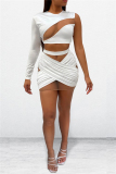 White Fashion Sexy Patchwork Hollowed Out See-through O Neck Long Sleeve Two Pieces