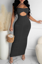 Black Fashion Sexy Solid Hollowed Out Backless Fold Halter Sleeveless Dress
