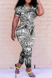 Black Gray Fashion Casual Tie Dye Printing O Neck Short Sleeve Two Pieces