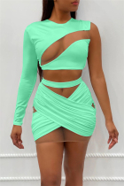 Light Green Fashion Sexy Patchwork Hollowed Out See-through O Neck Long Sleeve Two Pieces