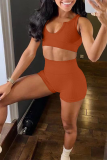 Tangerine Red Sexy Solid Patchwork V Neck Sleeveless Two Pieces