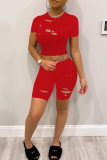 Red Fashion Casual Solid Ripped O Neck Short Sleeve Two Pieces