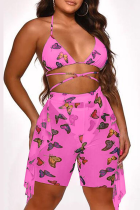Pink Sexy Print Mesh Swimwears （Including underwear）