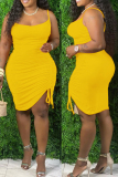 Yellow Fashion Sexy Plus Size Solid Draw String Backless Spaghetti Strap Sleeveless Dress