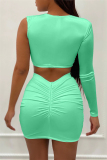 Light Green Fashion Sexy Patchwork Hollowed Out See-through O Neck Long Sleeve Two Pieces