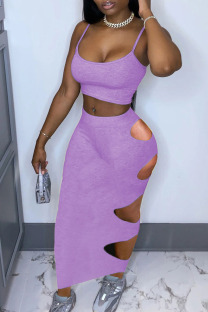 Purple Sexy Solid Ripped Backless Burn-out Spaghetti Strap Sleeveless Two Pieces