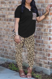 Blue Fashion Casual Leopard Printing V Neck Short Sleeve Two Pieces
