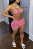 Pink Sexy Letter Print Backless Halter Sleeveless Two Pieces Swimwear