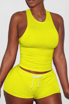 Yellow Casual Sportswear Solid Basic O Neck Sleeveless Two Pieces