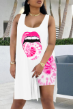 Pink Sexy Print High Opening U Neck Sleeveless Two Pieces