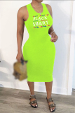 Fluorescent Green Fashion Sexy Letter Print Hollowed Out Fold O Neck Vest Dress