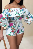 Navy Blue Fashion Sexy Print Patchwork stringy selvedge Half Sleeve one word collar Rompers
