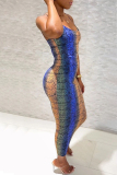 Blue Fashion Sexy Print Backless Spaghetti Strap Sleeveless Dress