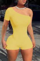 Yellow Sexy Casual Solid Backless Oblique Collar Skinny Romper