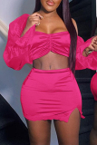 Pink Fashion Sexy Solid Backless Off the Shoulder Long Sleeve Two Pieces