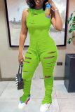 Green Fashion Solid Ripped Backless Halter Regular Sleeveless Jumpsuits