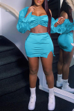Baby Blue Fashion Sexy Solid Backless Off the Shoulder Long Sleeve Two Pieces