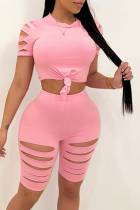 Pink Casual Solid Ripped O Neck Short Sleeve Two Pieces