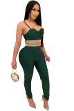 Green adult Sexy Fashion Two Piece Suits Patchwork diamonds Solid pencil Sleeveless