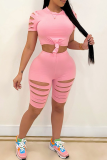 Pink Casual Solid Ripped O Neck Short Sleeve Two Pieces