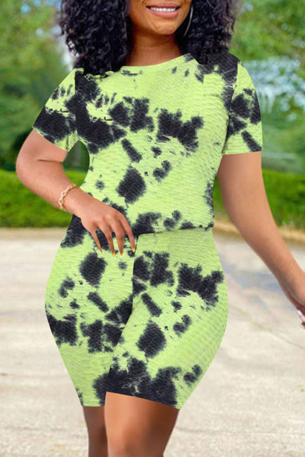 Fluorescent Green Casual Print Tie Dye Split Joint O Neck Short Sleeve Two Pieces