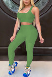 Green Fashion Casual Sportswear Sleeveless U Neck Spaghetti Strap Short Solid Two Pieces