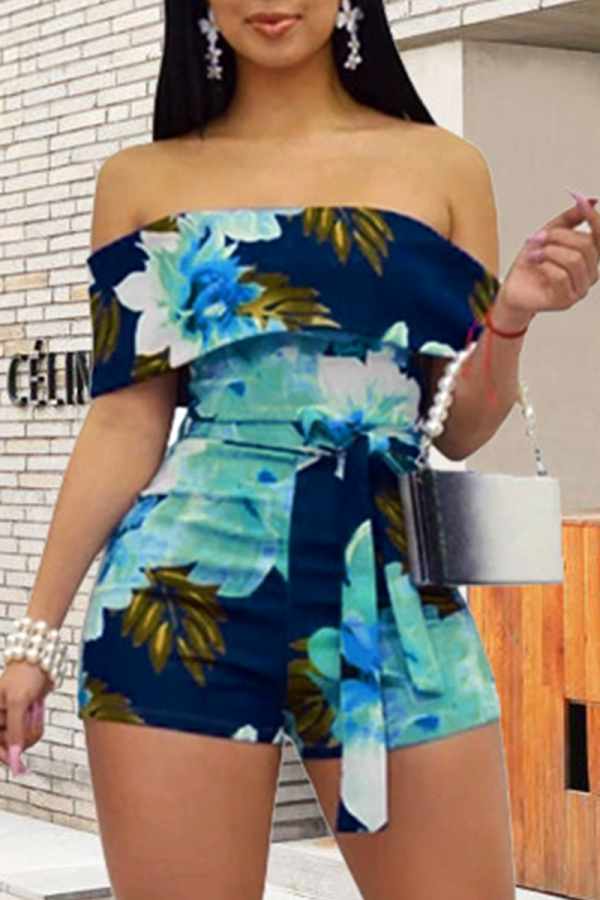 Blue Sexy Print Patchwork Strapless Regular Rompers