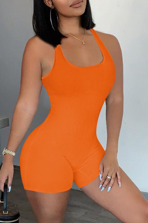 Orange Casual Sportswear Solid Backless U Neck Skinny Romper