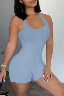 Blue Gray Casual Sportswear Solid Backless U Neck Skinny Romper