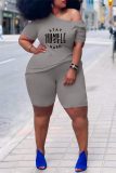 Grey Fashion Casual Letter Print Basic O Neck Plus Size Two Pieces