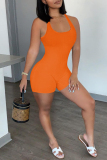 Orange Casual Sportswear Solid Backless U Neck Skinny Romper