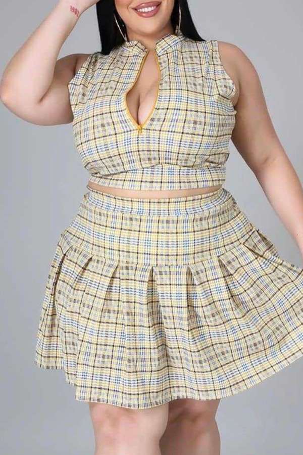 Yellow Sexy Casual Letter Print Basic Zipper Collar Plus Size Two Pieces