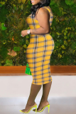 Brown Sexy Plaid Patchwork O Neck Pencil Skirt Plus Size Dresses